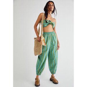 New Free People Ticket To Paradise Plaid Set Crop Top Tube Strapless Pants Green